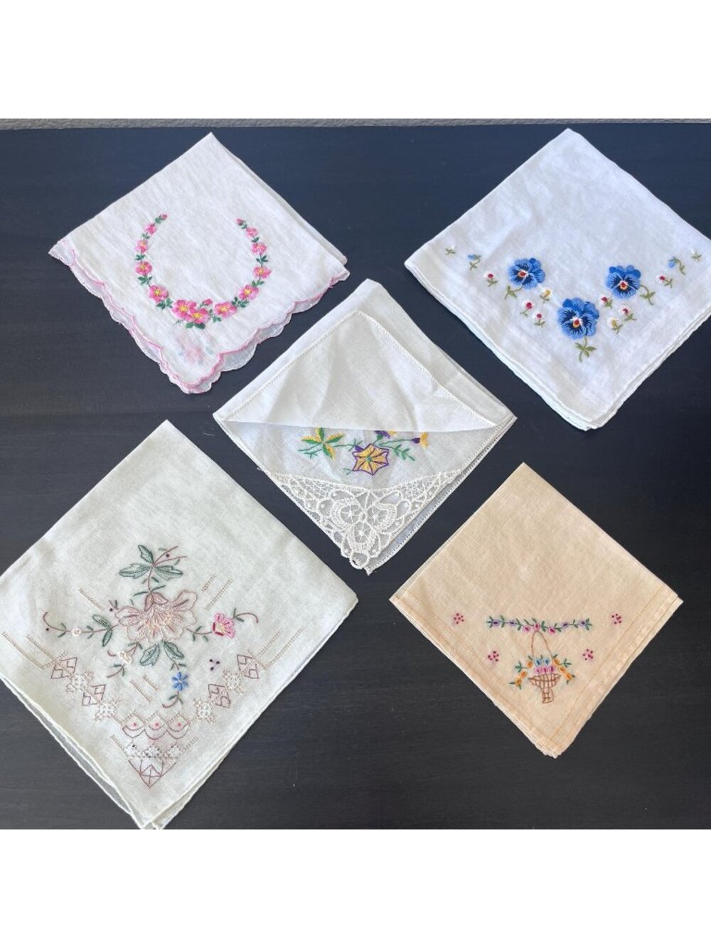 Vintage Embroidered Floral Handkerchiefs // Lot of 5 Cotton Hankies